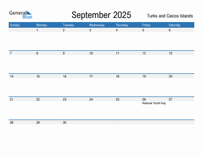 Current month calendar with Turks and Caicos Islands holidays for September 2025