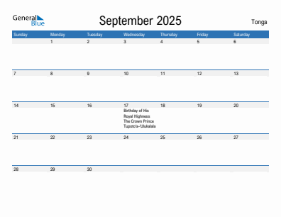 Current month calendar with Tonga holidays for September 2025