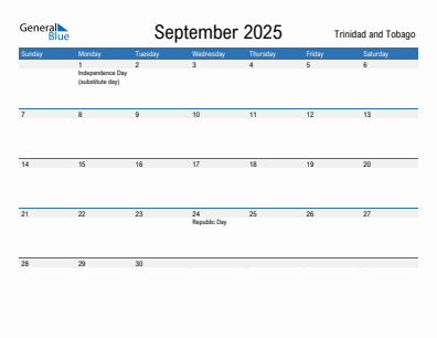 Current month calendar with Trinidad and Tobago holidays for September 2025