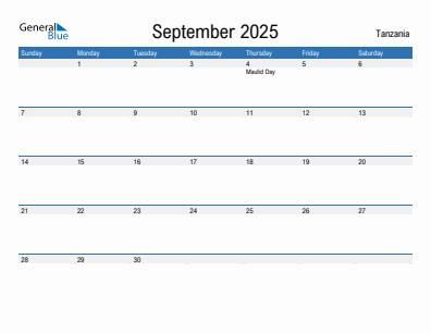 Current month calendar with Tanzania holidays for September 2025