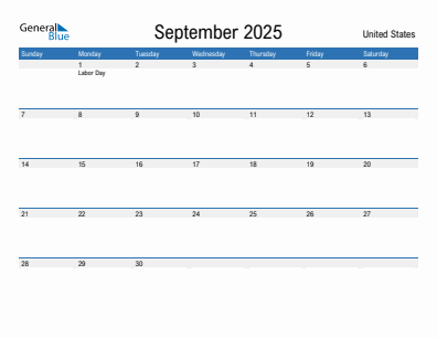 Current month calendar with United States holidays for September 2025