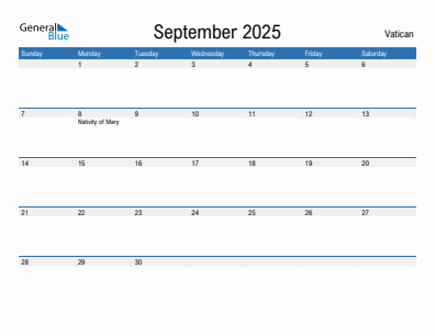 Current month calendar with Vatican holidays for September 2025