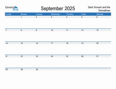 Current month calendar with Saint Vincent and the Grenadines holidays for September 2025