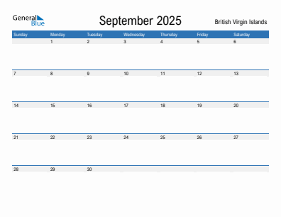 Current month calendar with British Virgin Islands holidays for September 2025
