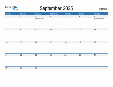 Current month calendar with Vietnam holidays for September 2025