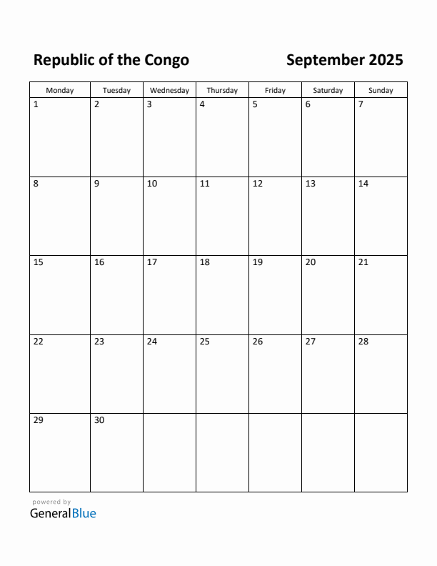 September 2025 Calendar with Republic of the Congo Holidays