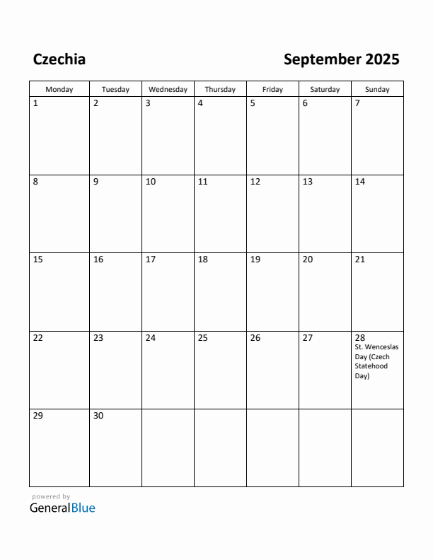 September 2025 Calendar with Czechia Holidays