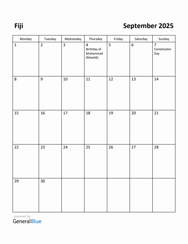 September 2025 Calendar with Fiji Holidays
