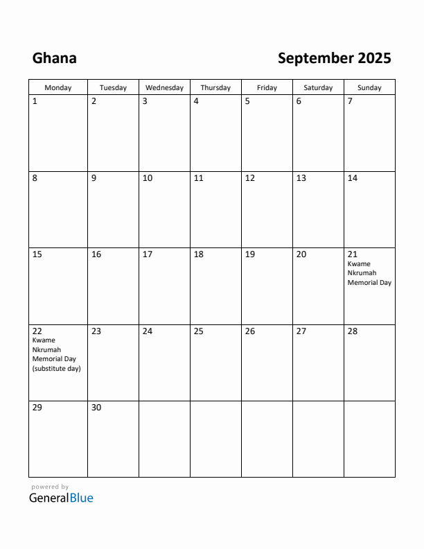 September 2025 Calendar with Ghana Holidays