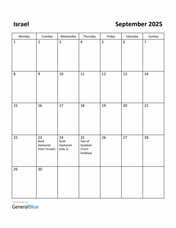 September 2025 Calendar with Israel Holidays