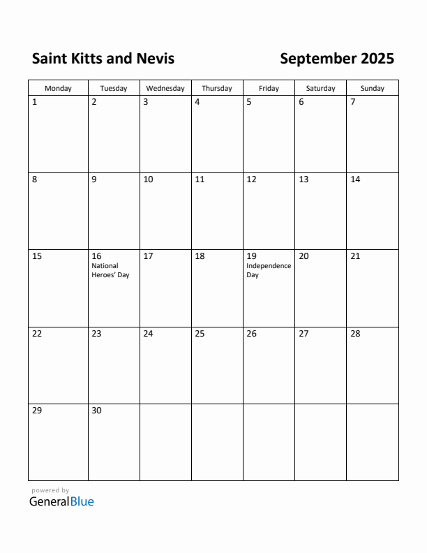 September 2025 Calendar with Saint Kitts and Nevis Holidays