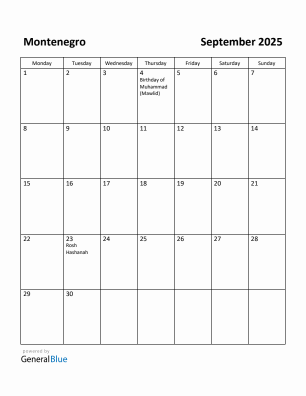 September 2025 Calendar with Montenegro Holidays