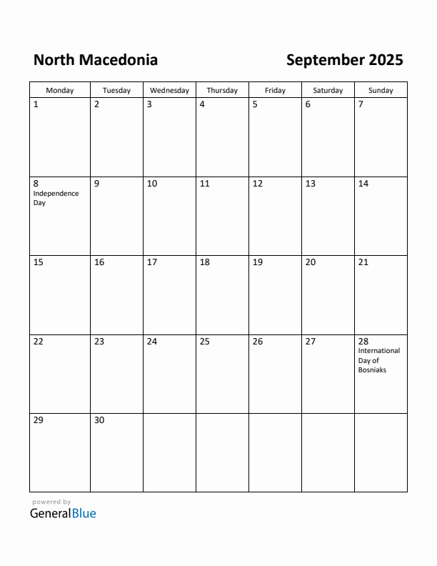 September 2025 Calendar with North Macedonia Holidays