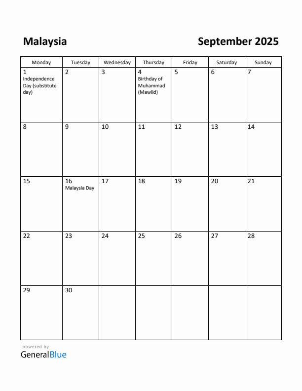 September 2025 Calendar with Malaysia Holidays