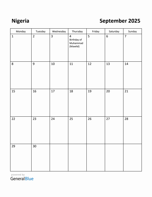 September 2025 Calendar with Nigeria Holidays