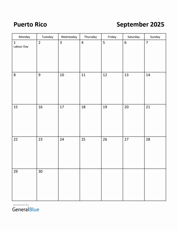September 2025 Calendar with Puerto Rico Holidays