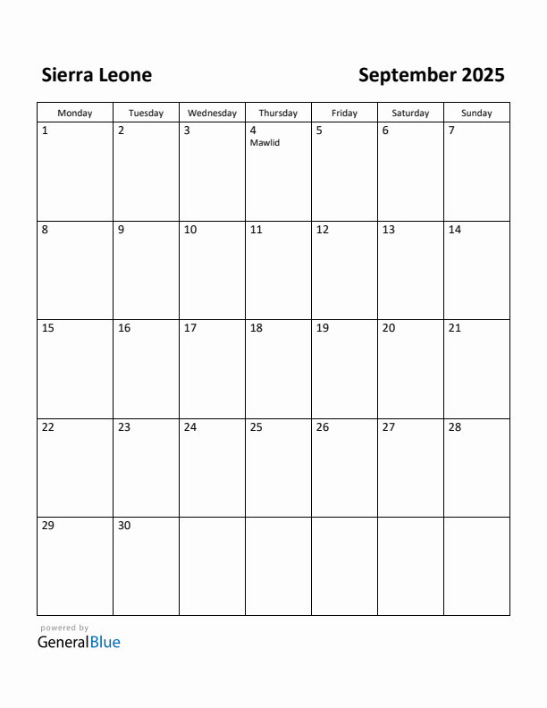 September 2025 Calendar with Sierra Leone Holidays