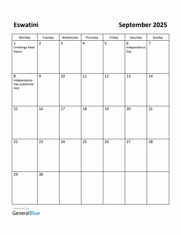 September 2025 Calendar with Eswatini Holidays