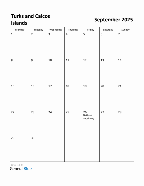 September 2025 Calendar with Turks and Caicos Islands Holidays