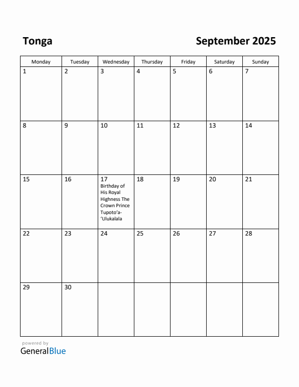 September 2025 Calendar with Tonga Holidays