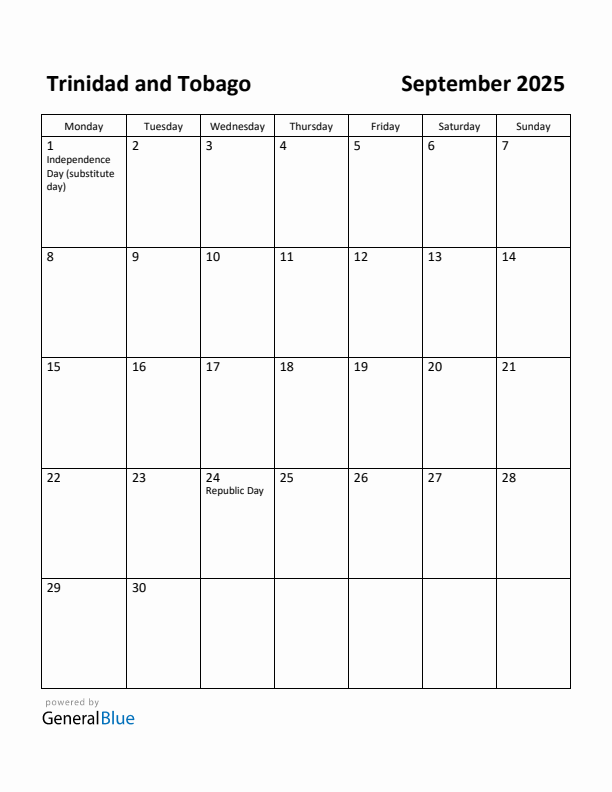 September 2025 Calendar with Trinidad and Tobago Holidays