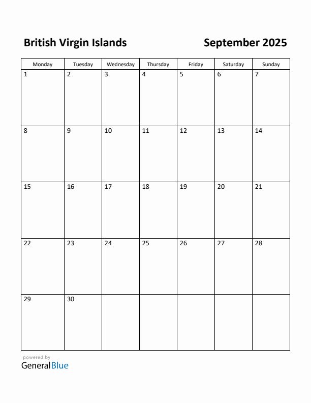 September 2025 Calendar with British Virgin Islands Holidays
