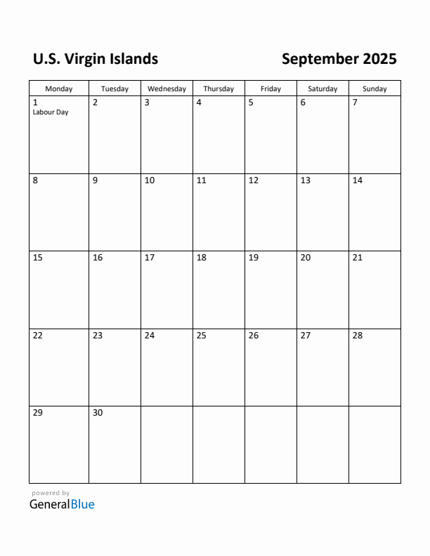September 2025 Calendar with U.S. Virgin Islands Holidays