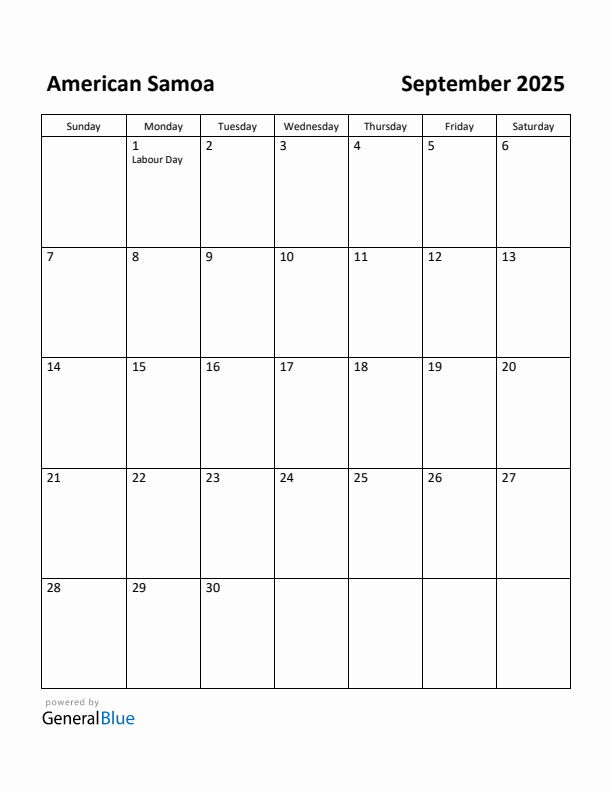 September 2025 Calendar with American Samoa Holidays