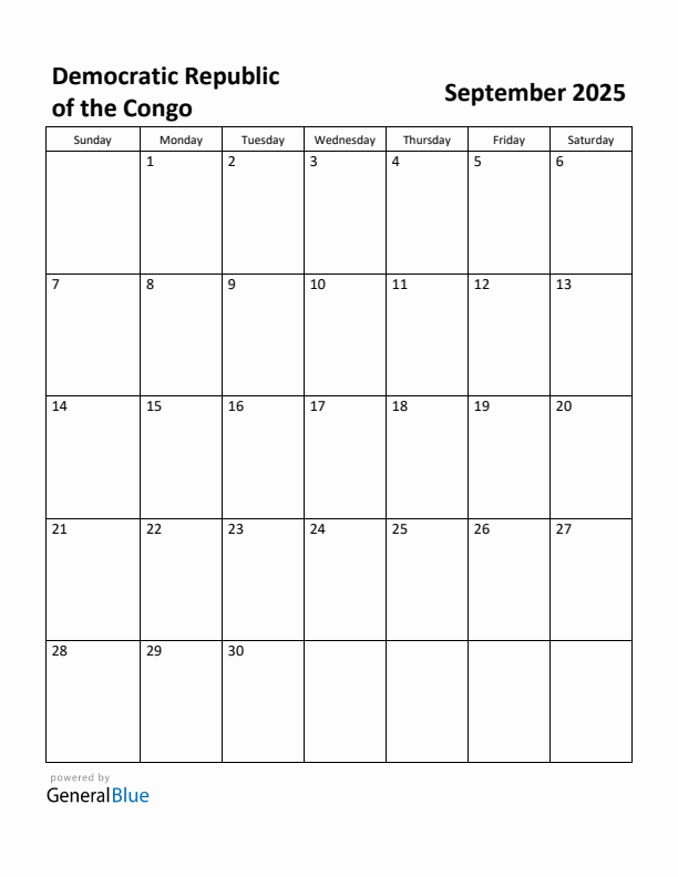 September 2025 Calendar with Democratic Republic of the Congo Holidays