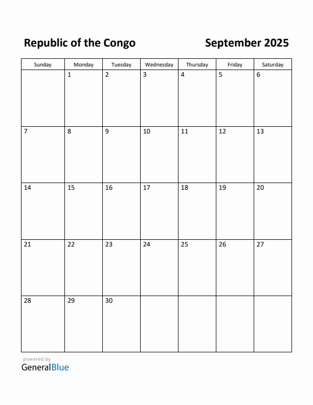 September 2025 Calendar with Republic of the Congo Holidays