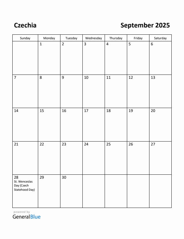 September 2025 Calendar with Czechia Holidays