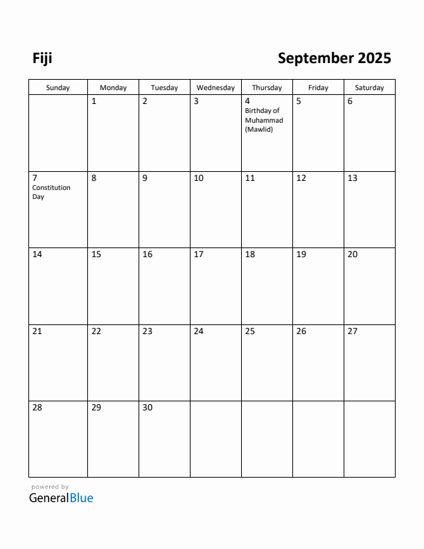 September 2025 Calendar with Fiji Holidays