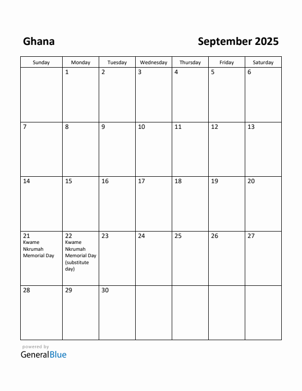 September 2025 Calendar with Ghana Holidays