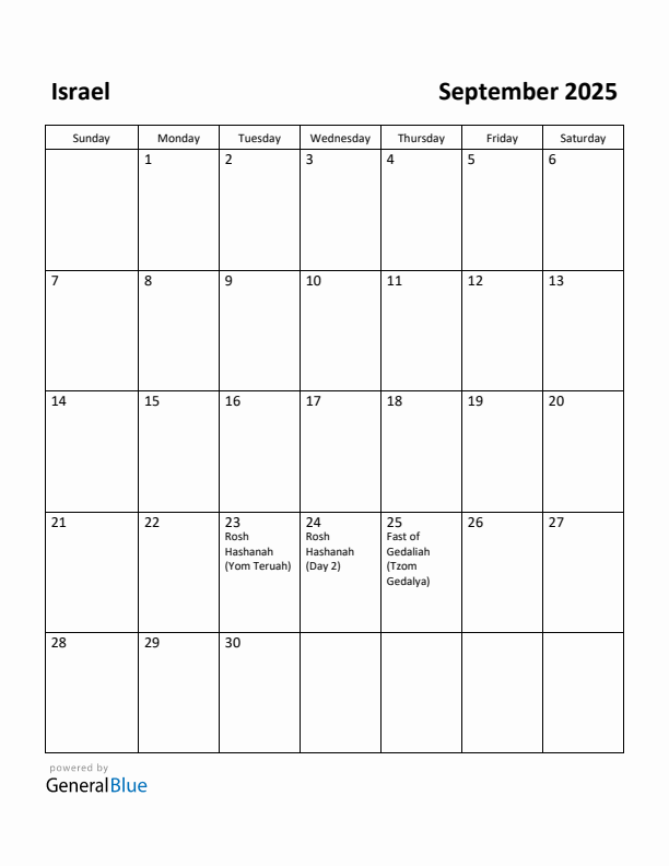 September 2025 Calendar with Israel Holidays