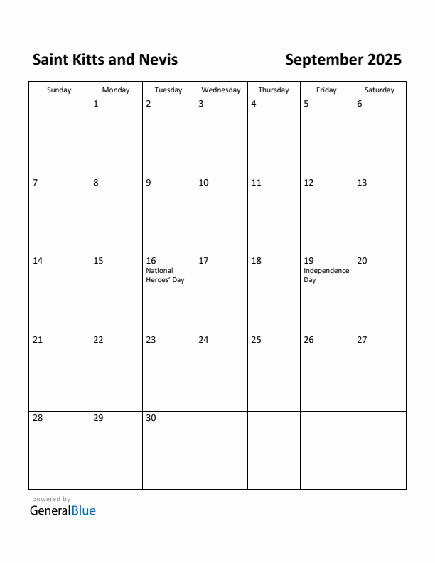 September 2025 Calendar with Saint Kitts and Nevis Holidays