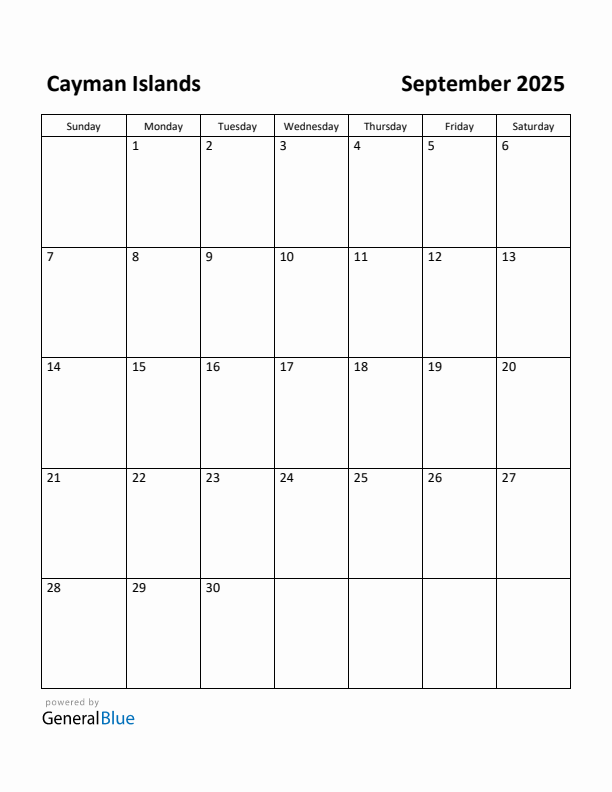 September 2025 Calendar with Cayman Islands Holidays