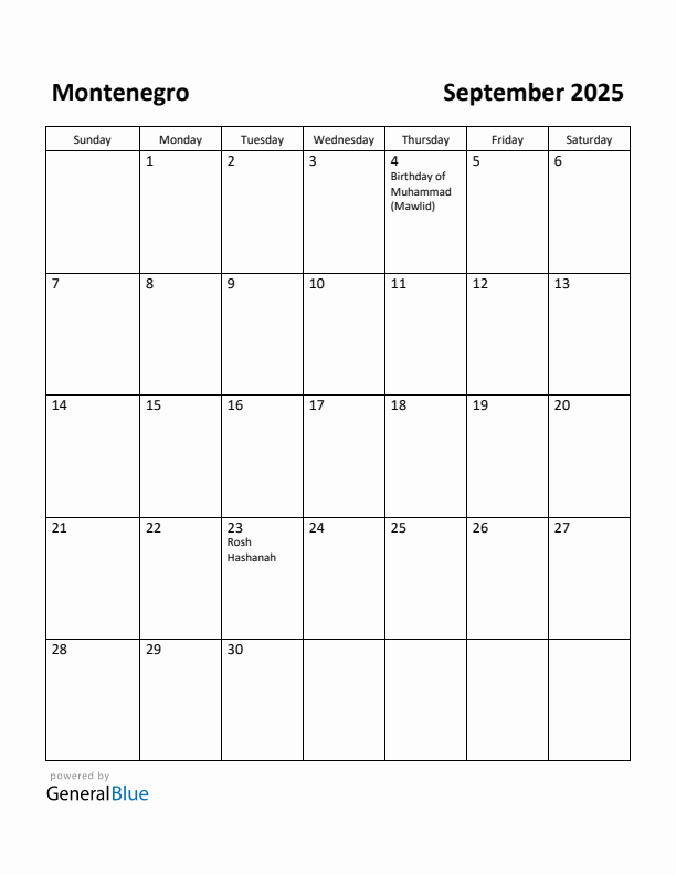 September 2025 Calendar with Montenegro Holidays