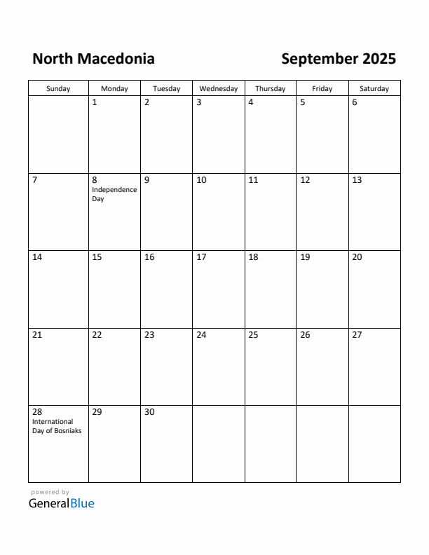 September 2025 Calendar with North Macedonia Holidays