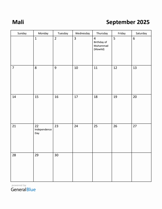 September 2025 Calendar with Mali Holidays
