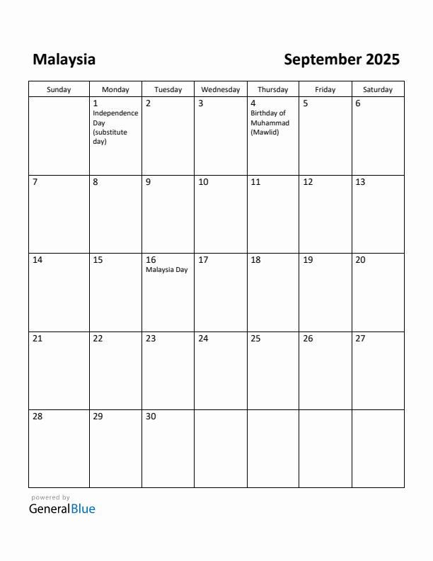 September 2025 Calendar with Malaysia Holidays