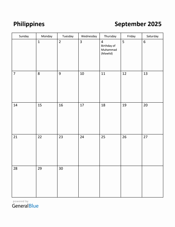 September 2025 Monthly Calendar with Philippines Holidays