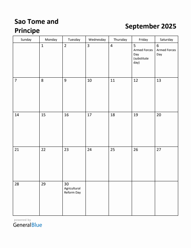 September 2025 Calendar with Sao Tome and Principe Holidays