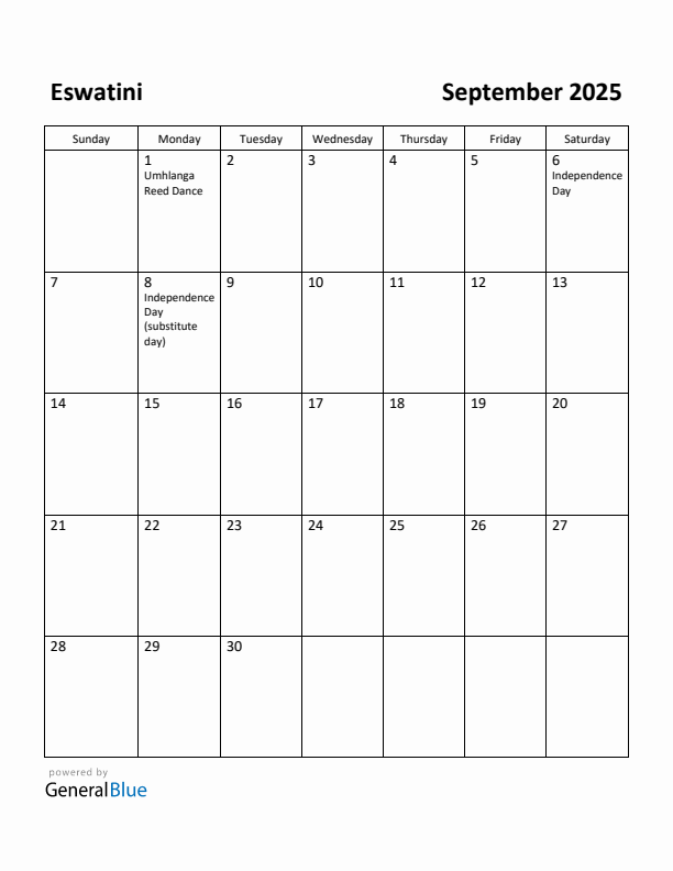September 2025 Calendar with Eswatini Holidays