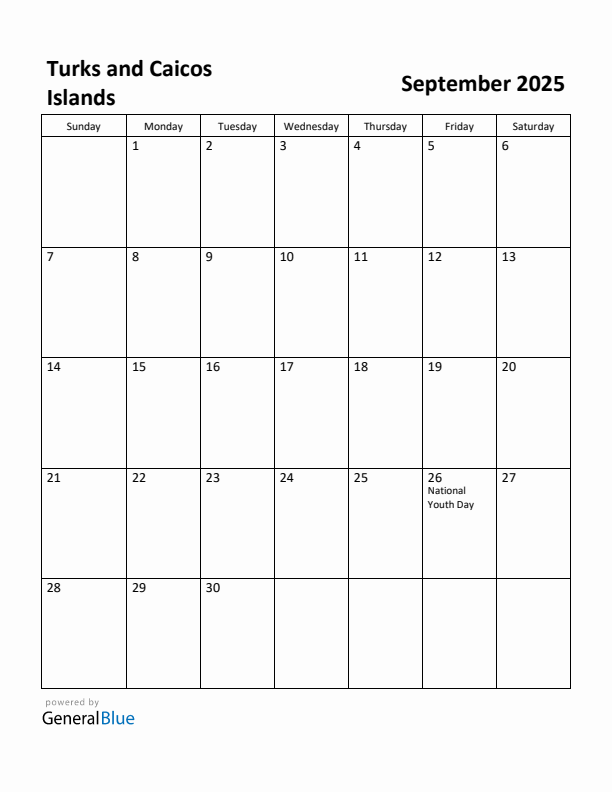 September 2025 Calendar with Turks and Caicos Islands Holidays