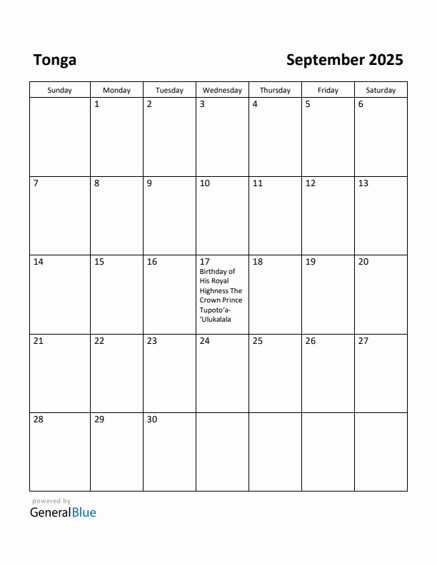September 2025 Calendar with Tonga Holidays