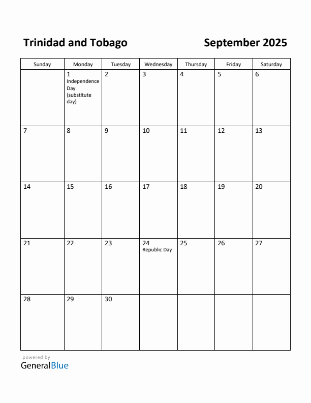 September 2025 Calendar with Trinidad and Tobago Holidays