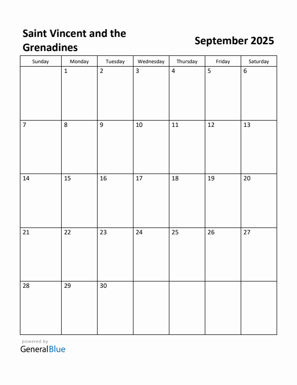 September 2025 Calendar with Saint Vincent and the Grenadines Holidays
