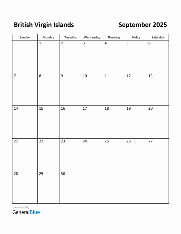 September 2025 Calendar with British Virgin Islands Holidays