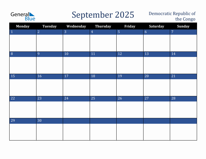 September 2025 Democratic Republic of the Congo Calendar (Monday Start)
