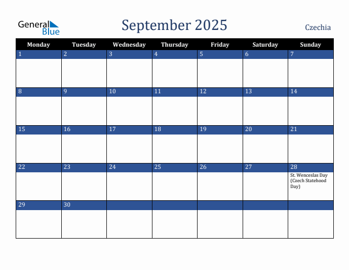 September 2025 Czechia Calendar (Monday Start)